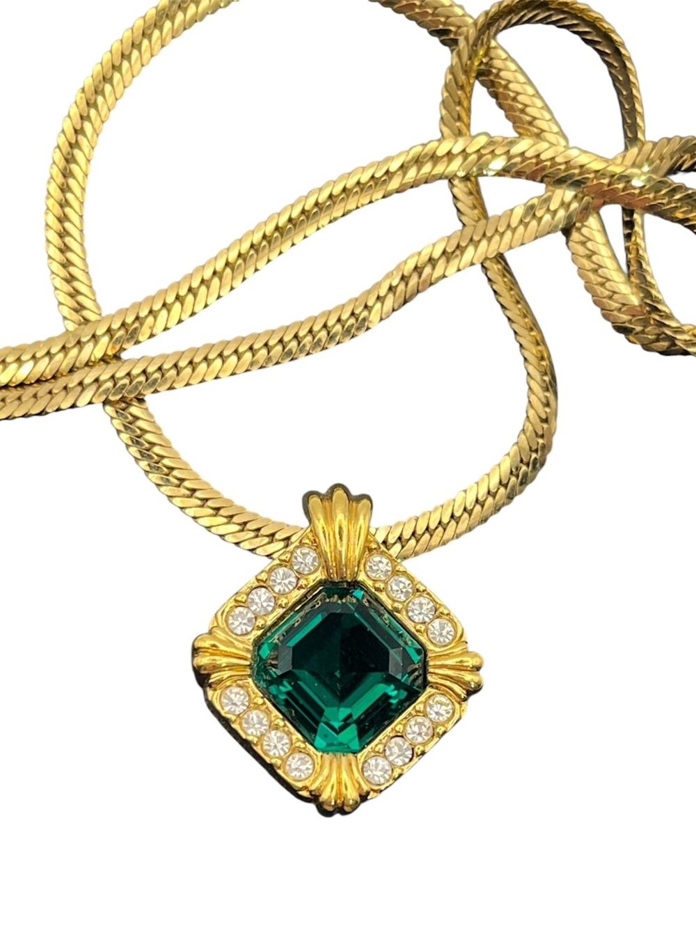 Asscher cut green rhinestone clear gold tone pendant chain herringbone necklace